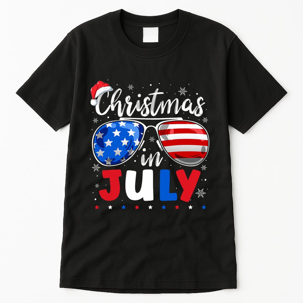 Christmas In July Santa Hat Sunglasses Usa Flag 4th Of July Tall T-Shirt