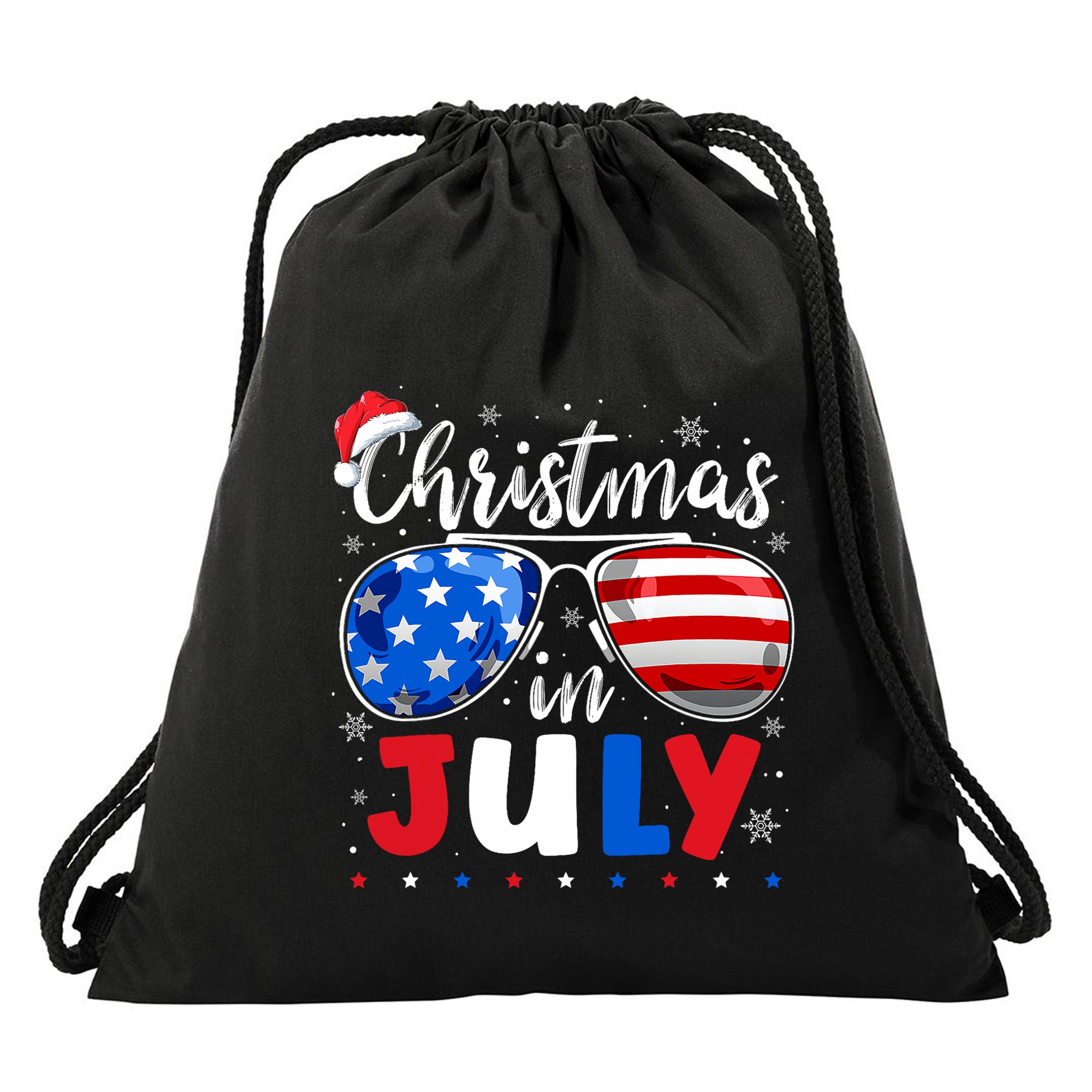 Christmas In July Santa Hat Sunglasses Usa Flag 4th Of July Drawstring Bag