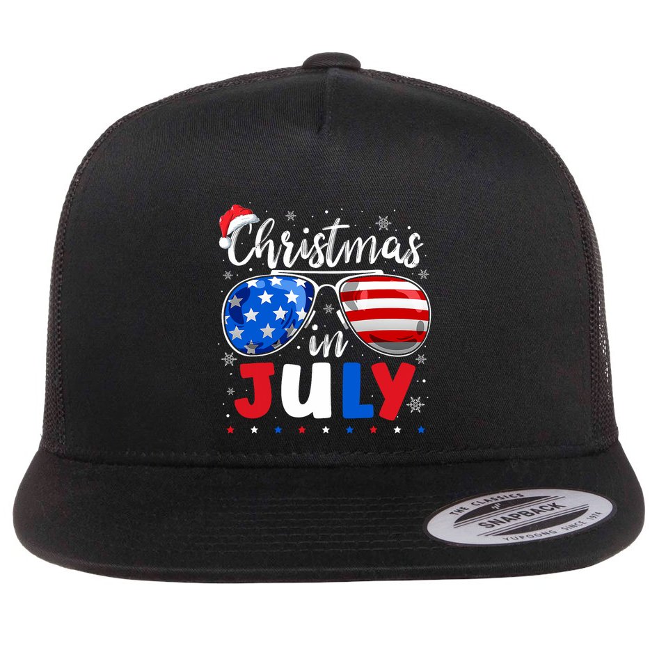 Christmas In July Santa Hat Sunglasses Usa Flag 4th Of July Flat Bill Trucker Hat