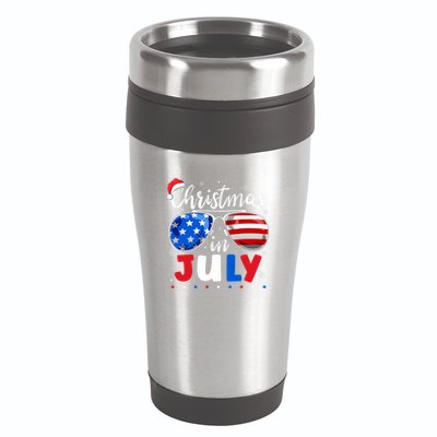 Christmas In July Santa Hat Sunglasses Usa Flag 4th Of July 16oz Travel Tumbler