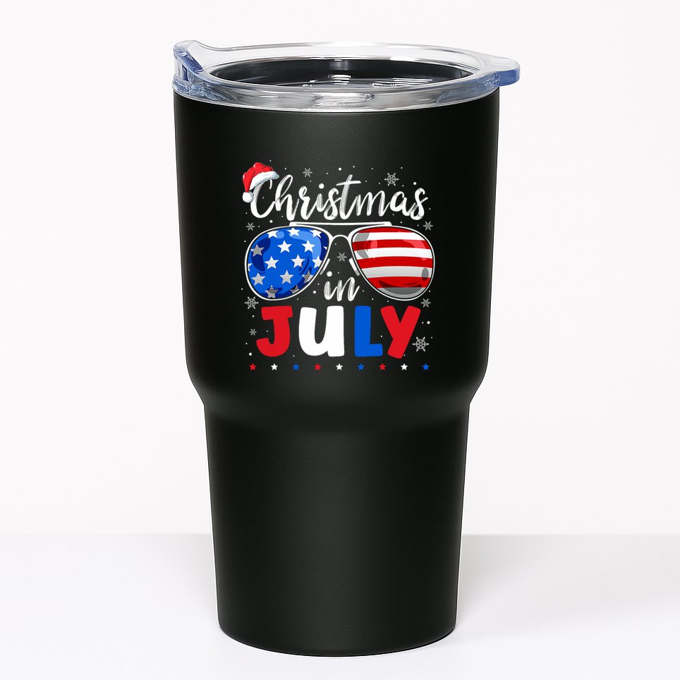 Christmas In July Santa Hat Sunglasses Usa Flag 4th Of July Tumbler