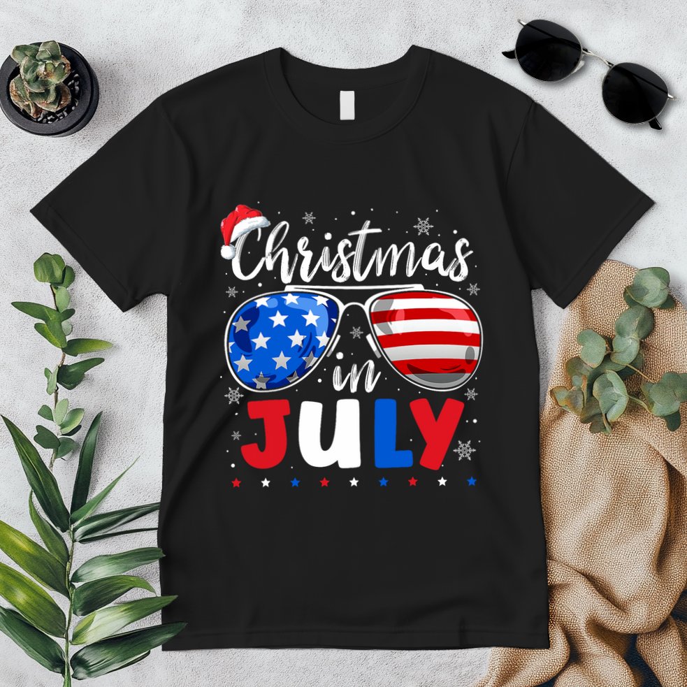 Christmas In July Santa Hat Sunglasses Usa Flag 4th Of July Premium T-Shirt