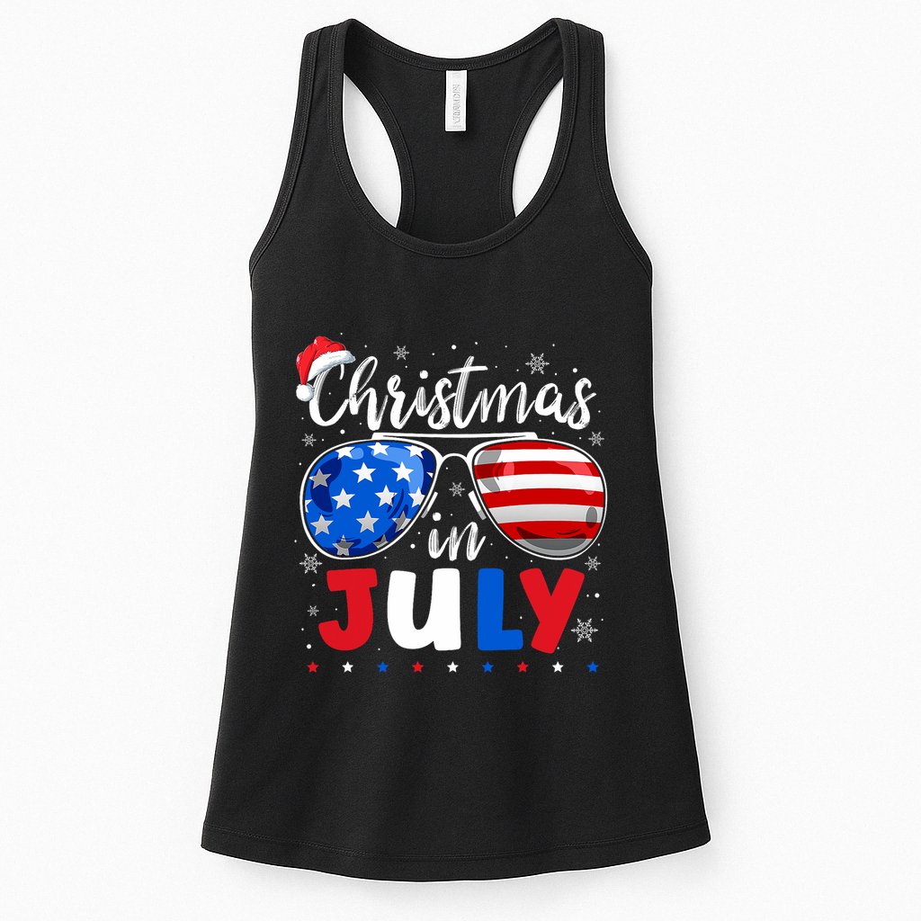 Christmas In July Santa Hat Sunglasses Usa Flag 4th Of July Womens Tank Top