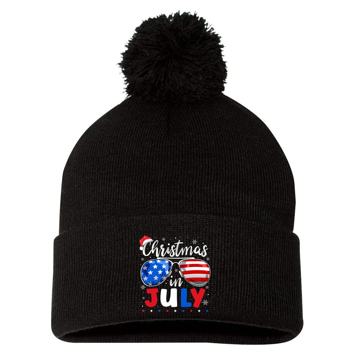 Christmas In July Santa Hat Sunglasses Usa Flag 4th Of July Pom Pom 12in Knit Beanie