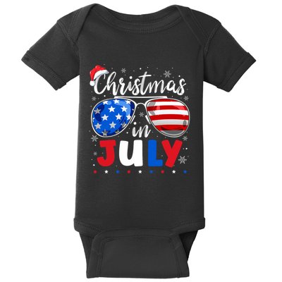 Christmas In July Santa Hat Sunglasses Usa Flag 4th Of July Baby Bodysuit