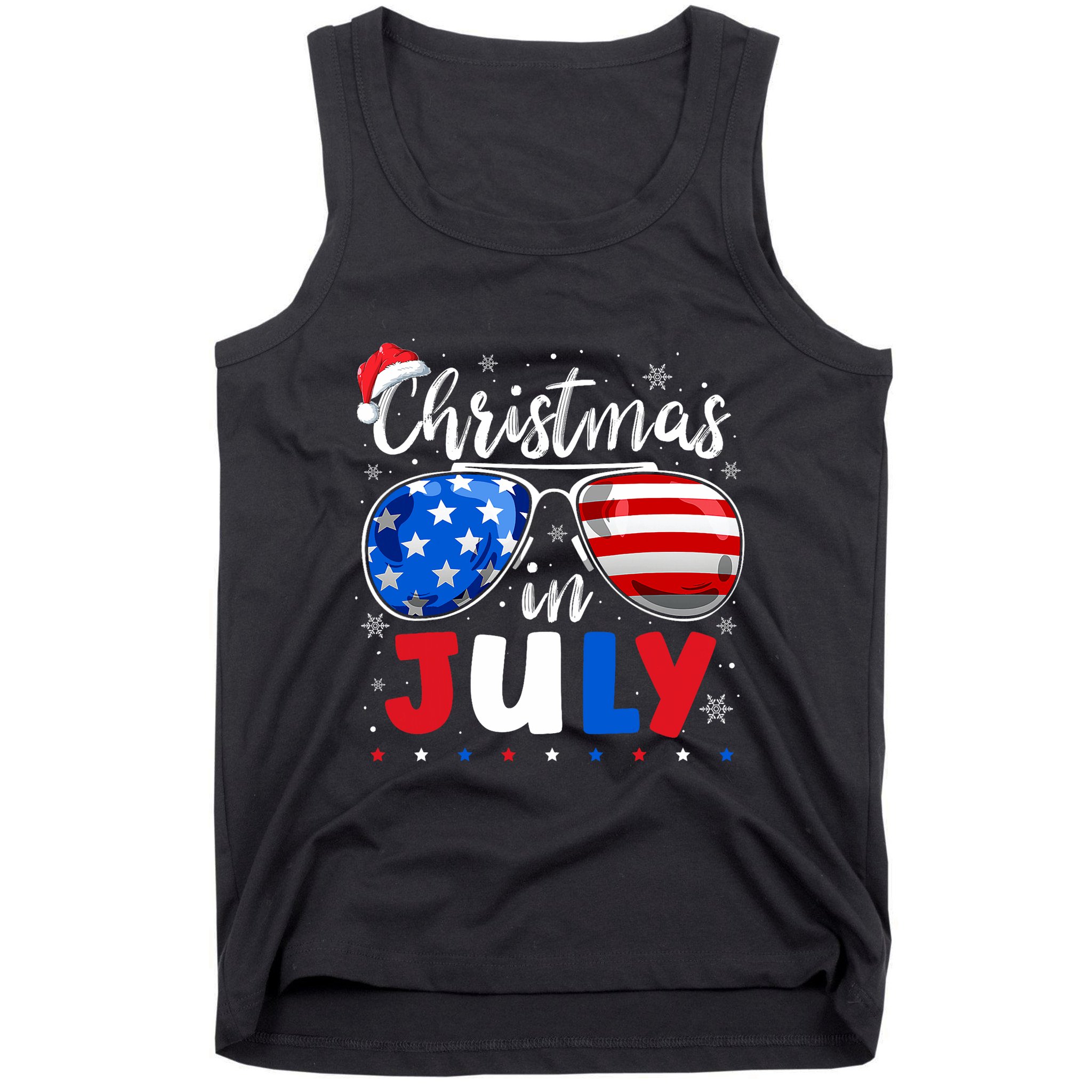 Christmas In July Santa Hat Sunglasses Usa Flag 4th Of July Tank Top