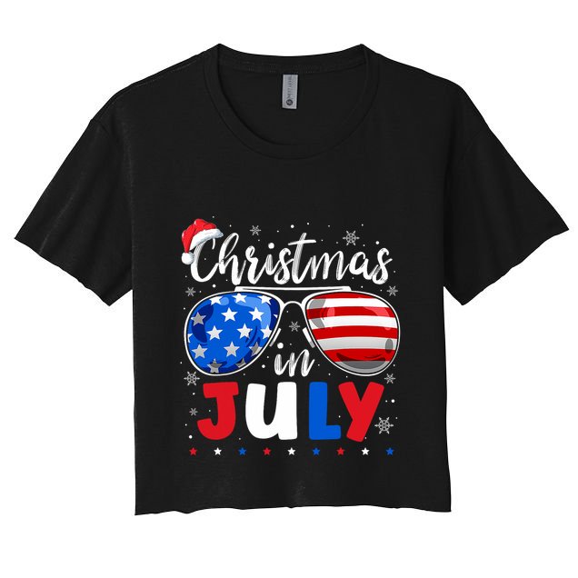 Christmas In July Santa Hat Sunglasses Usa Flag 4th Of July Crop Top