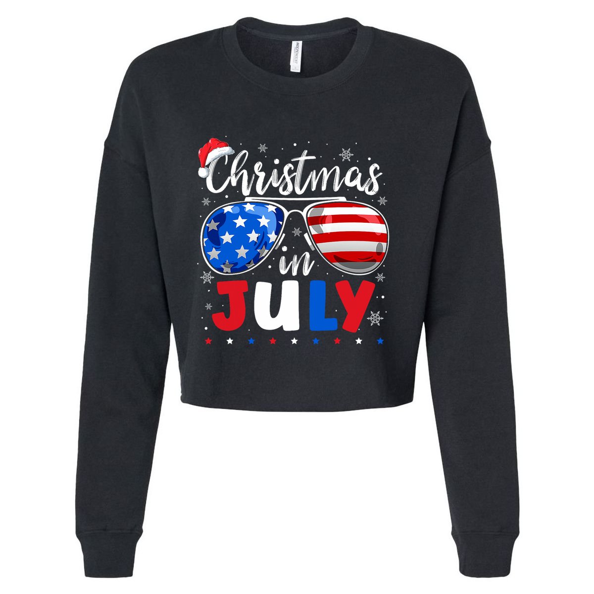 Christmas In July Santa Hat Sunglasses Usa Flag 4th Of July Cropped Pullover Crew