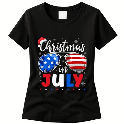 Christmas In July Santa Hat Sunglasses Usa Flag 4th Of July Womens T-Shirt