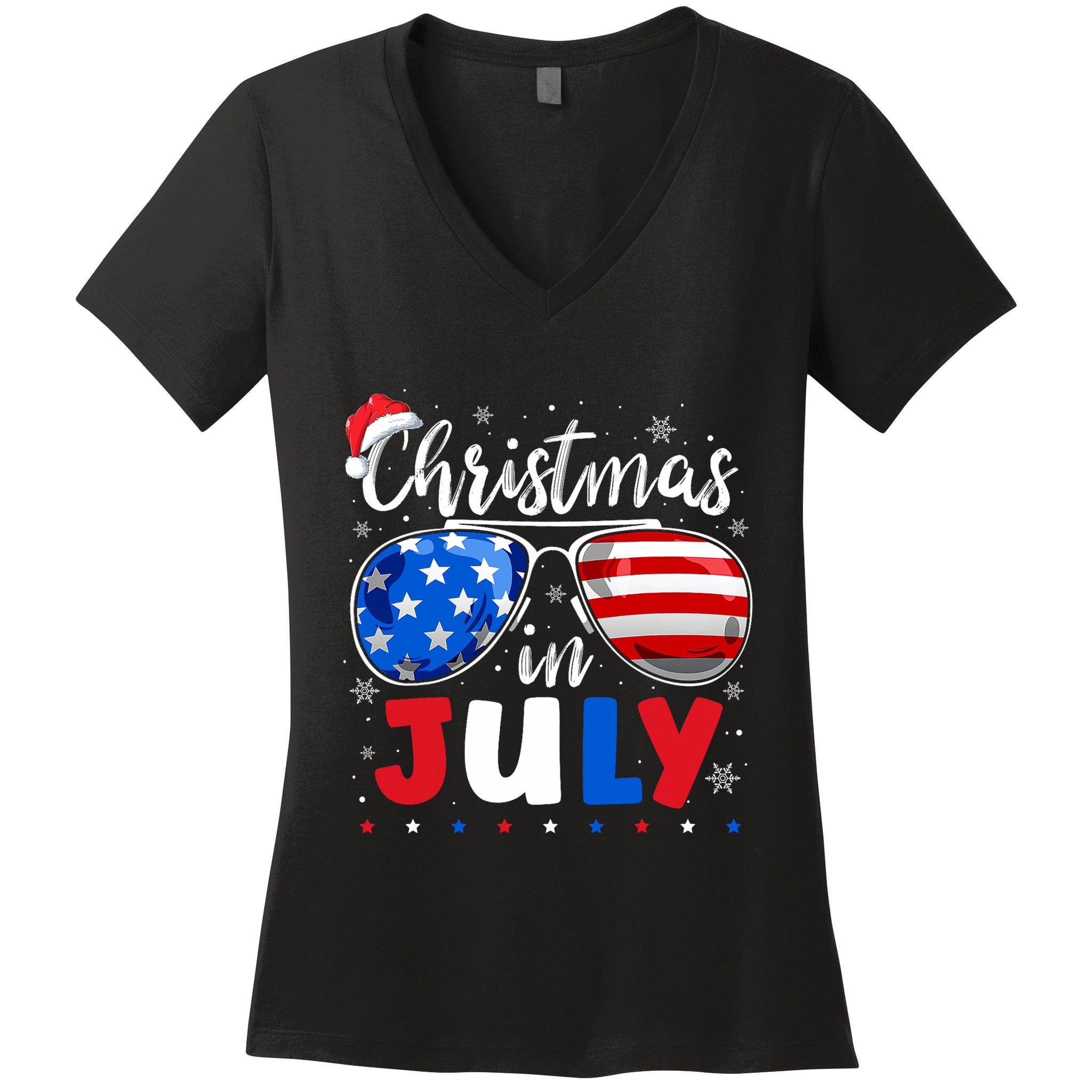 Christmas In July Santa Hat Sunglasses Usa Flag 4th Of July Women's V-Neck T-Shirt