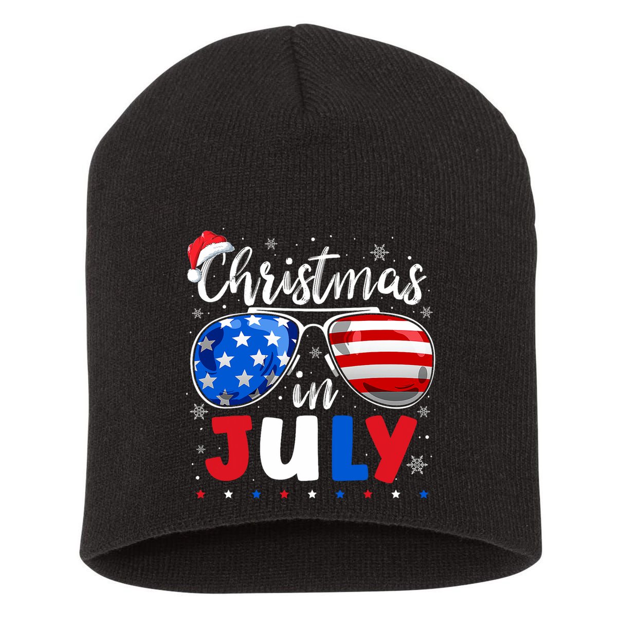 Christmas In July Santa Hat Sunglasses Usa Flag 4th Of July Short Acrylic Beanie