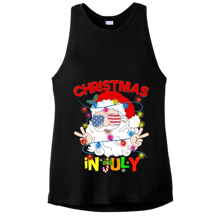 Christmas In July Santa Hat Sunglasses Usa Flag Summer Ladies PosiCharge Tri-Blend Wicking Tank