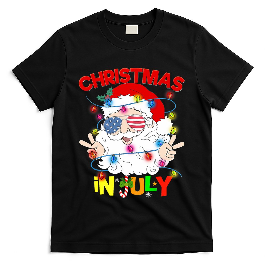 Christmas In July Santa Hat Sunglasses Usa Flag Summer T-Shirt