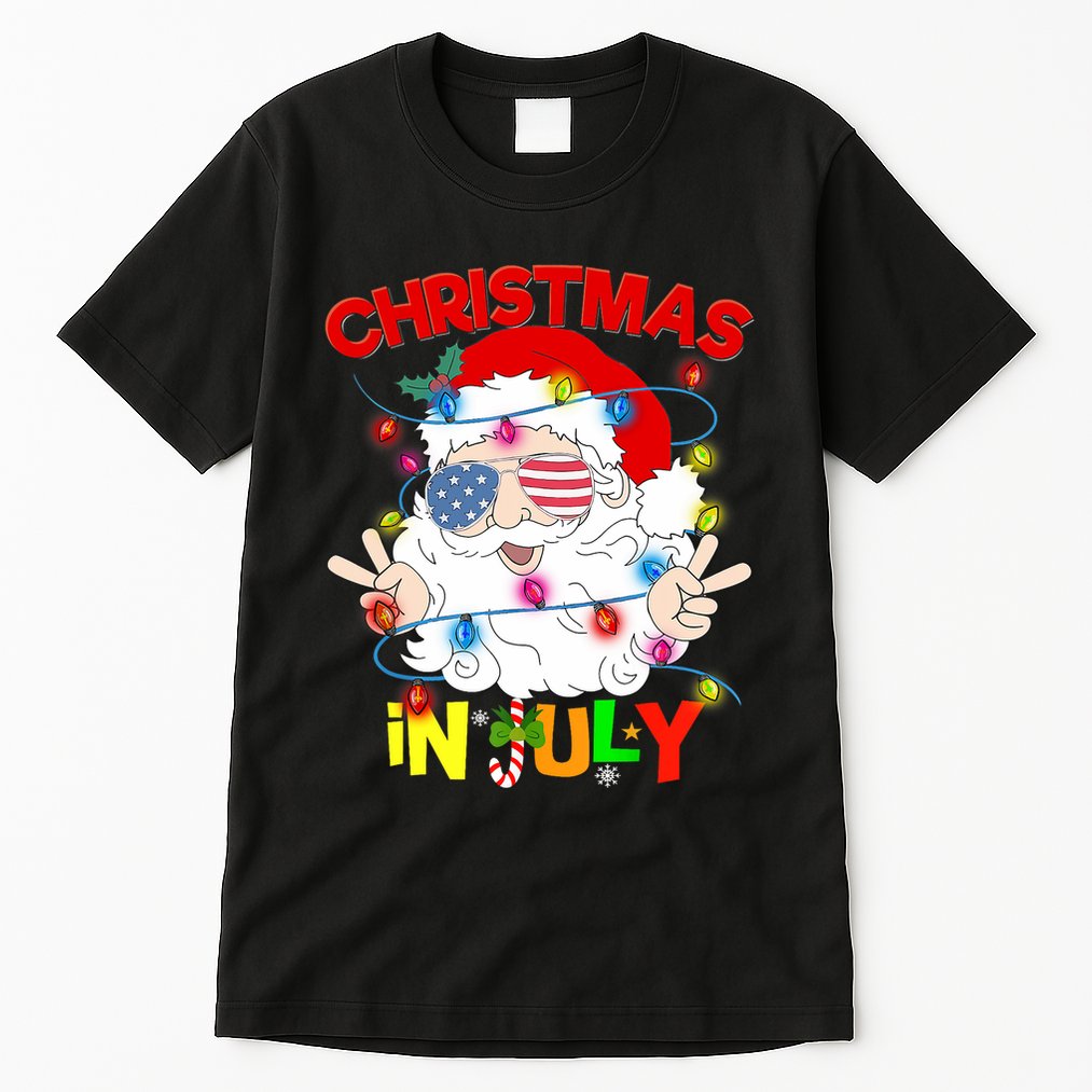 Christmas In July Santa Hat Sunglasses Usa Flag Summer Tall T-Shirt