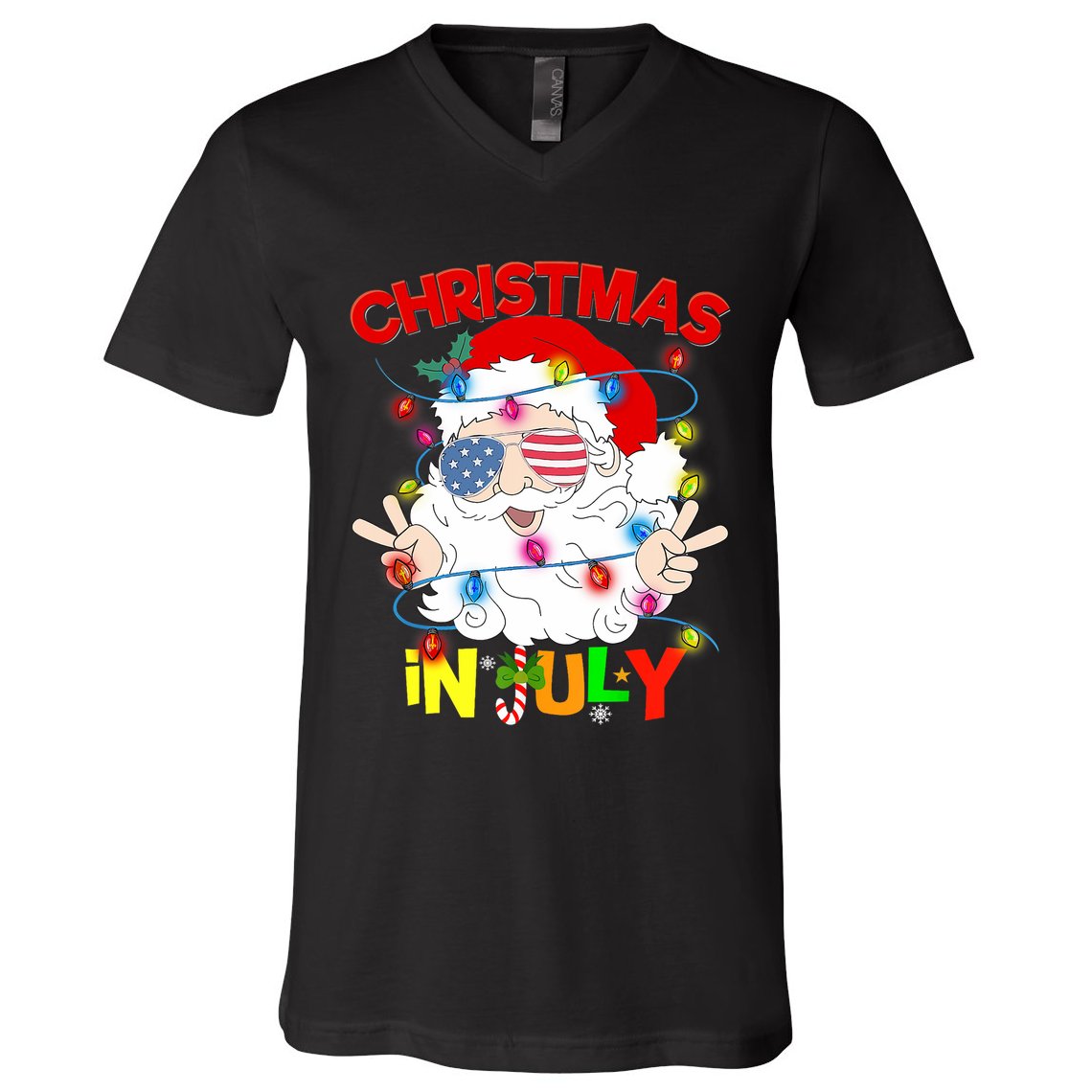 Christmas In July Santa Hat Sunglasses Usa Flag Summer V-Neck T-Shirt