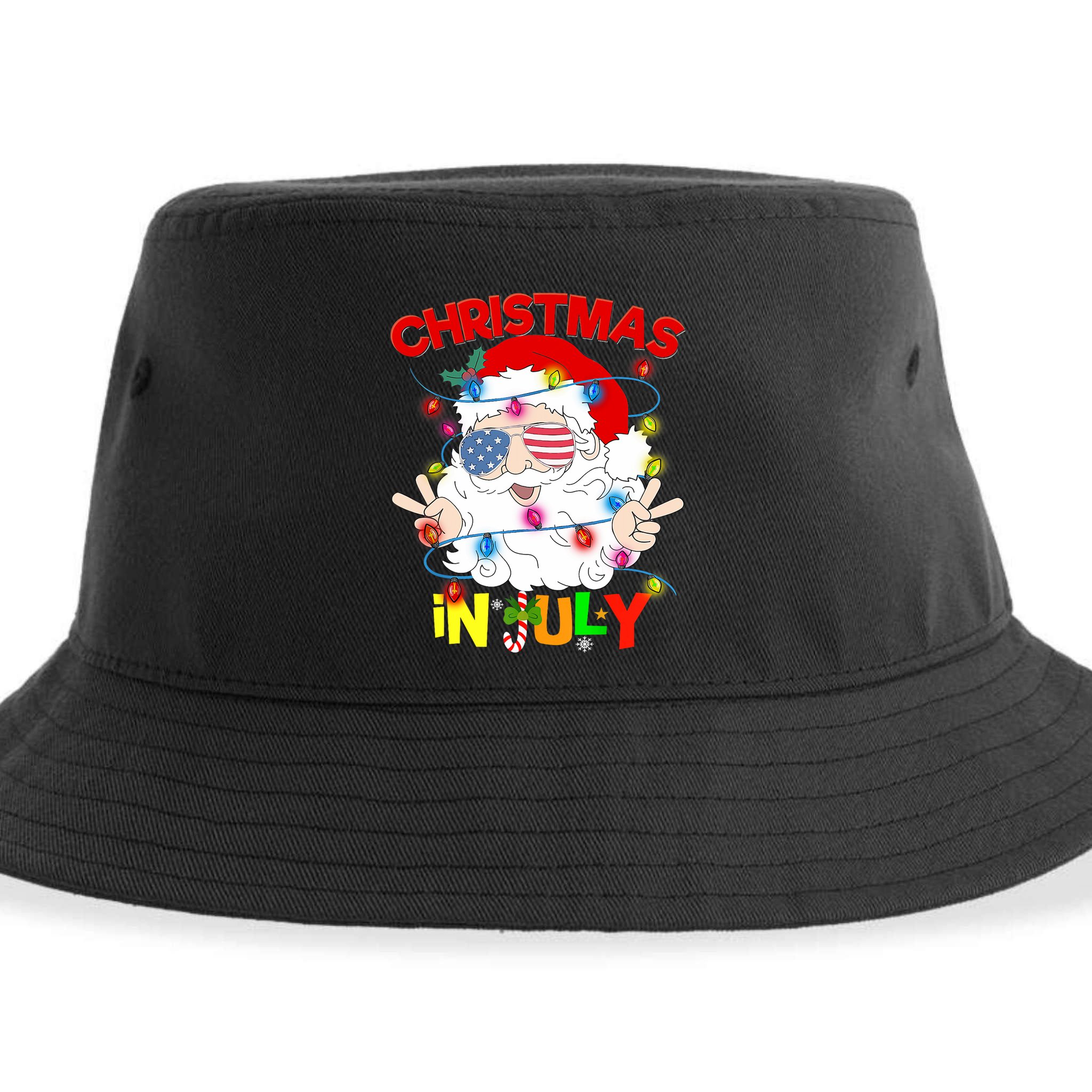 Christmas In July Santa Hat Sunglasses Usa Flag Summer Sustainable Bucket Hat