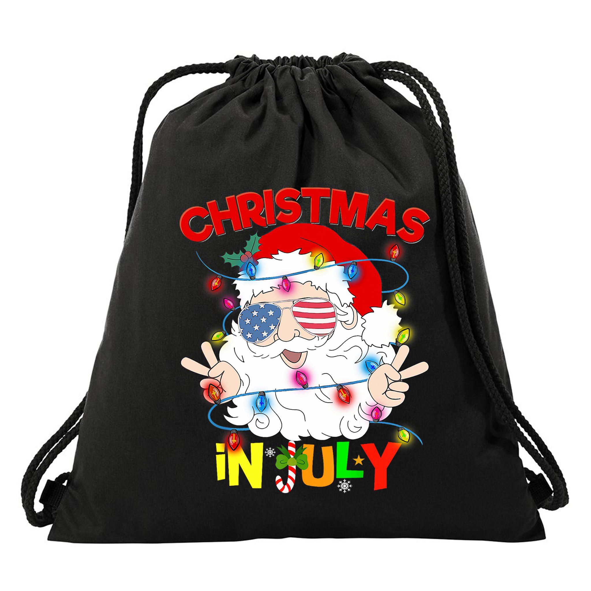 Christmas In July Santa Hat Sunglasses Usa Flag Summer Drawstring Bag