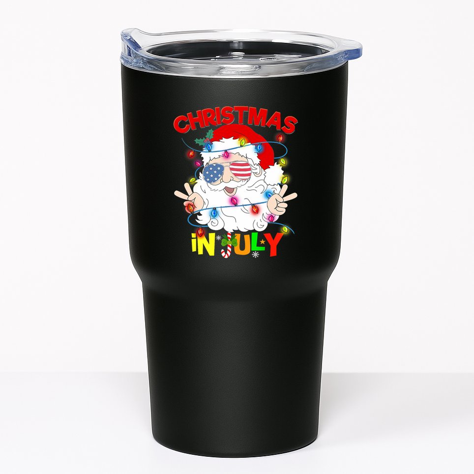 Christmas In July Santa Hat Sunglasses Usa Flag Summer Tumbler