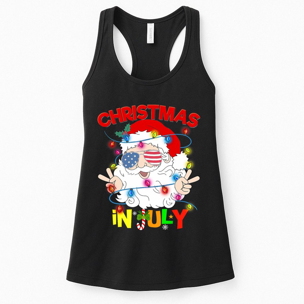 Christmas In July Santa Hat Sunglasses Usa Flag Summer Womens Tank Top