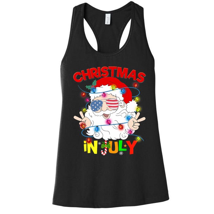 Christmas In July Santa Hat Sunglasses Usa Flag Summer Women's Racerback Tank