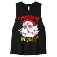 Christmas In July Santa Hat Sunglasses Usa Flag Summer Women's Racerback Cropped Tank