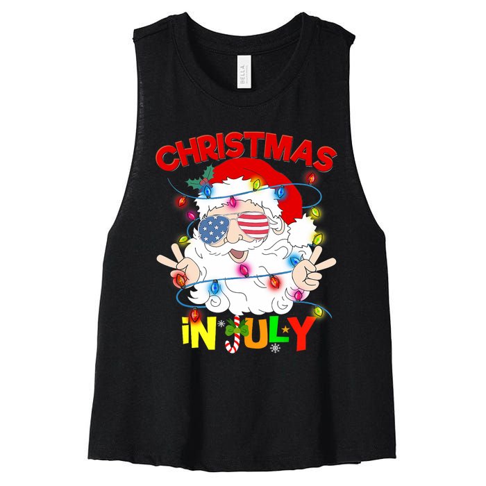 Christmas In July Santa Hat Sunglasses Usa Flag Summer Women's Racerback Cropped Tank