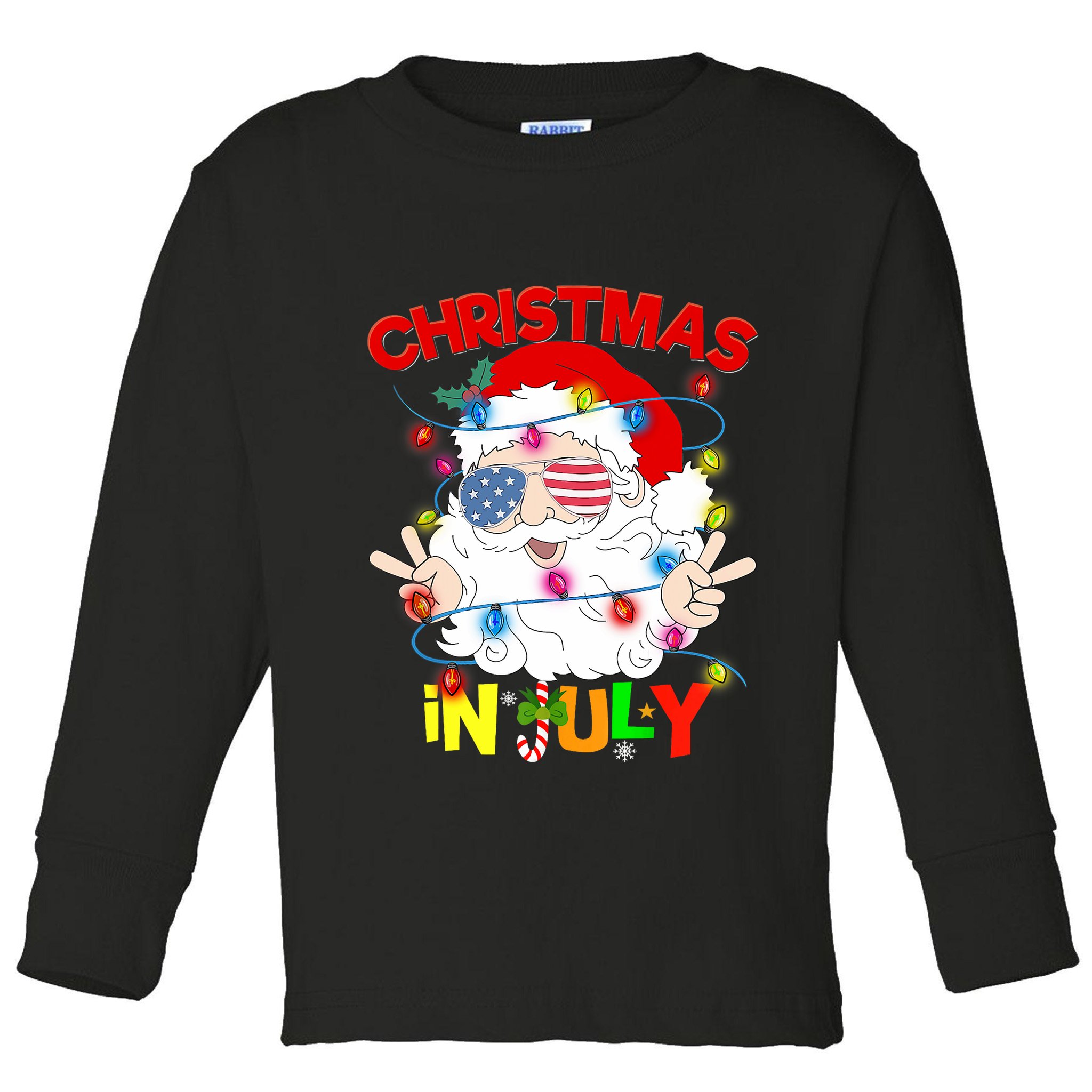 Christmas In July Santa Hat Sunglasses Usa Flag Summer Toddler Long Sleeve Shirt