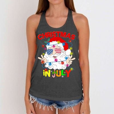 Christmas In July Santa Hat Sunglasses Usa Flag Summer Women's Knotted Racerback Tank