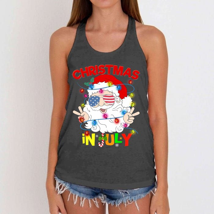 Christmas In July Santa Hat Sunglasses Usa Flag Summer Women's Knotted Racerback Tank