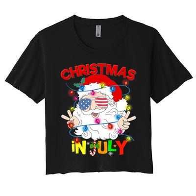 Christmas In July Santa Hat Sunglasses Usa Flag Summer Women's Crop Top Tee