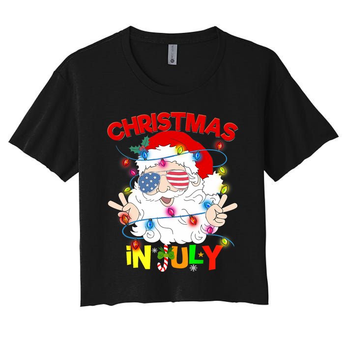 Christmas In July Santa Hat Sunglasses Usa Flag Summer Women's Crop Top Tee