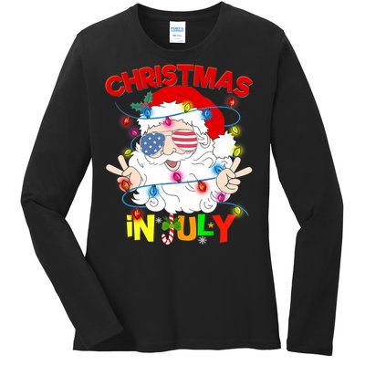 Christmas In July Santa Hat Sunglasses Usa Flag Summer Ladies Long Sleeve Shirt