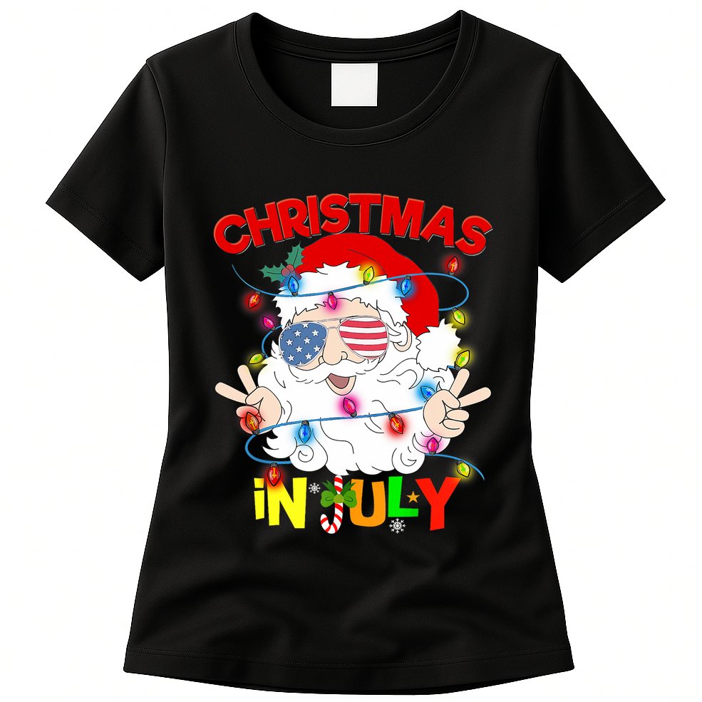Christmas In July Santa Hat Sunglasses Usa Flag Summer Womens T-Shirt