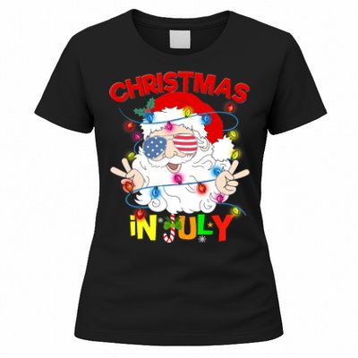 Christmas In July Santa Hat Sunglasses Usa Flag Summer Women's T-Shirt