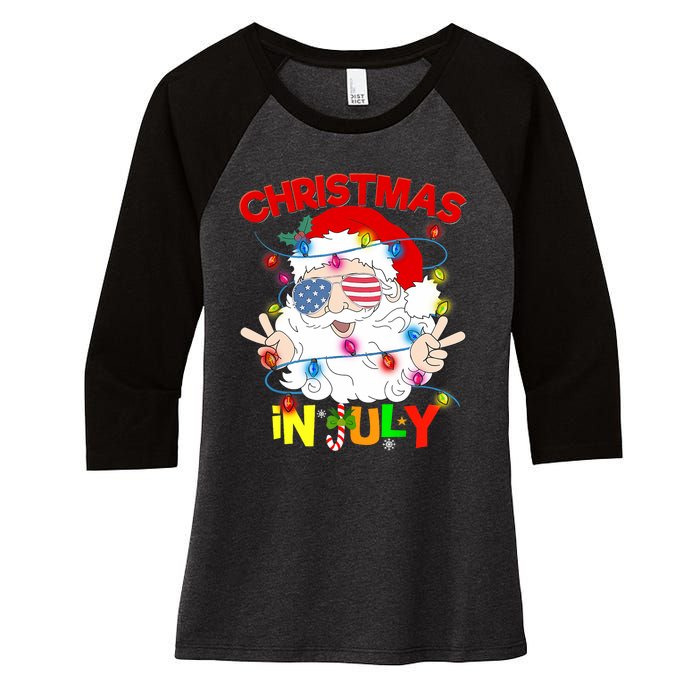 Christmas In July Santa Hat Sunglasses Usa Flag Summer Women's Tri-Blend 3/4-Sleeve Raglan Shirt