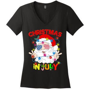 Christmas In July Santa Hat Sunglasses Usa Flag Summer Women's V-Neck T-Shirt