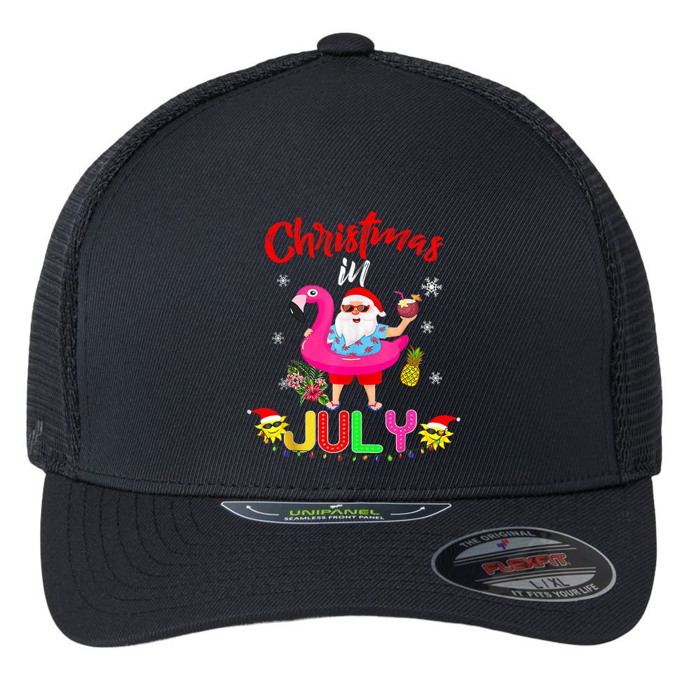 Christmas In July Santa Hawaiian Flamingo Summer Beach Flexfit Unipanel Trucker Cap