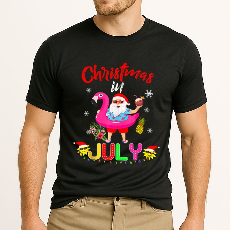 Christmas In July Santa Hawaiian Flamingo Summer Beach Performance Shirt