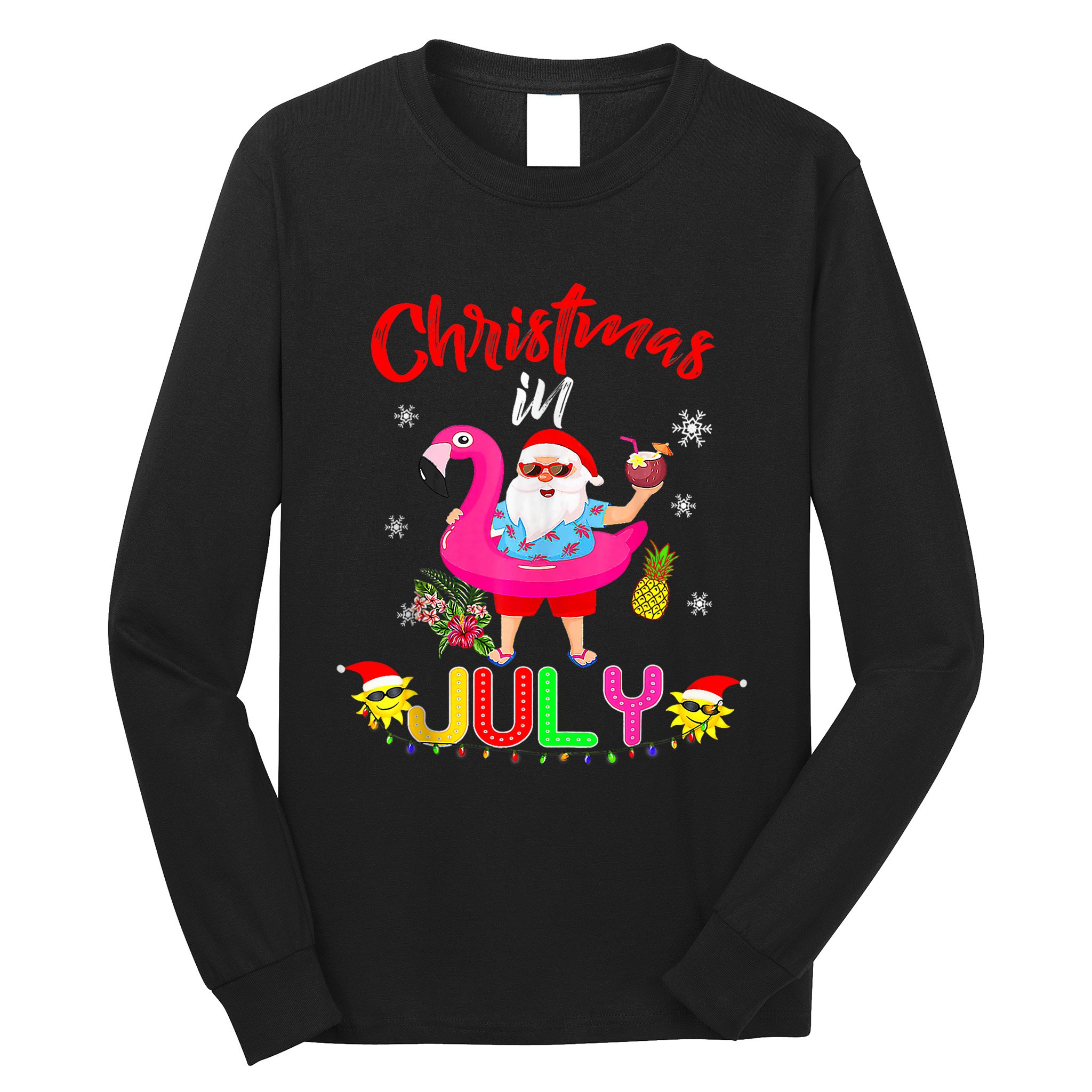 Christmas In July Santa Hawaiian Flamingo Summer Beach Long Sleeve Shirt
