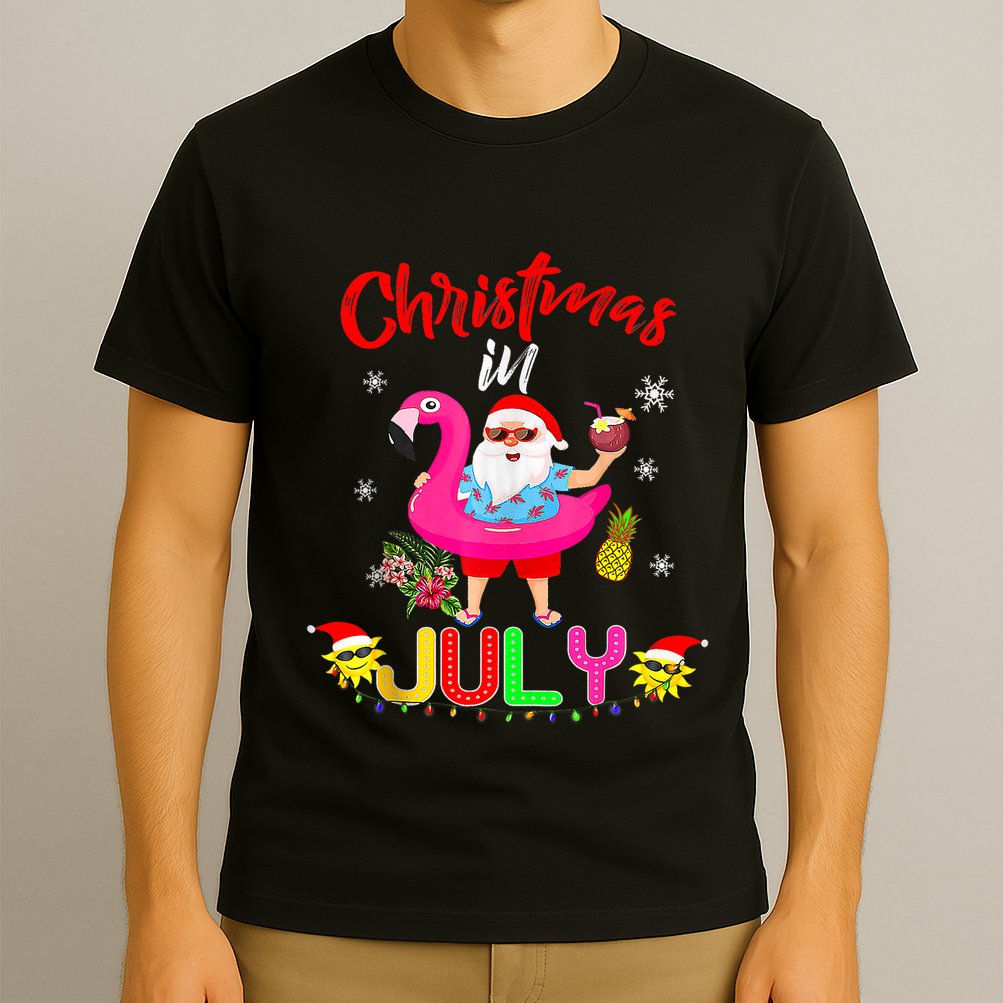 Christmas In July Santa Hawaiian Flamingo Summer Beach T-Shirt