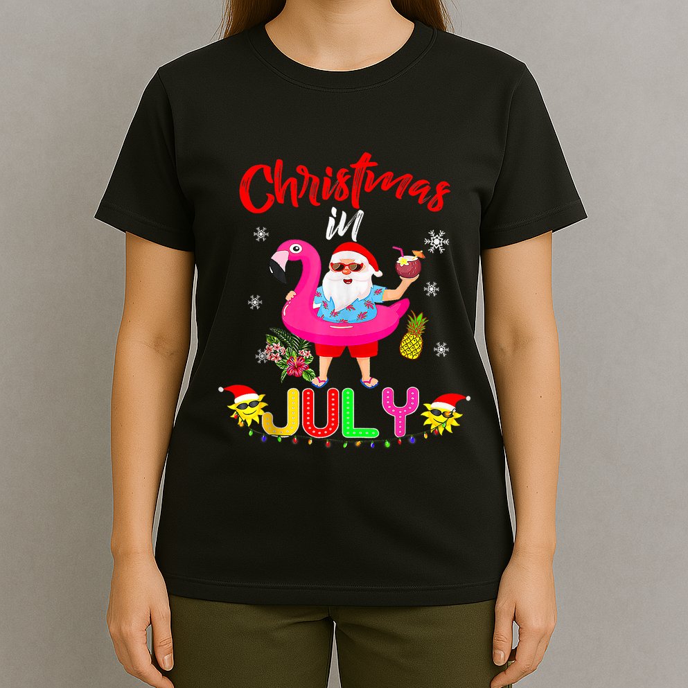 Christmas In July Santa Hawaiian Flamingo Summer Beach T-Shirt