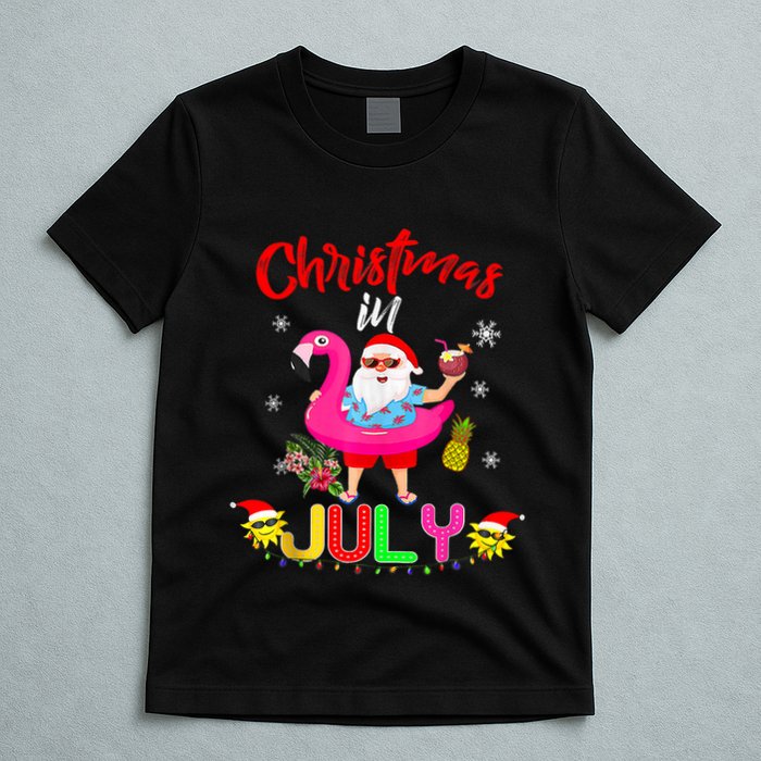 Christmas In July Santa Hawaiian Flamingo Summer Beach T-Shirt