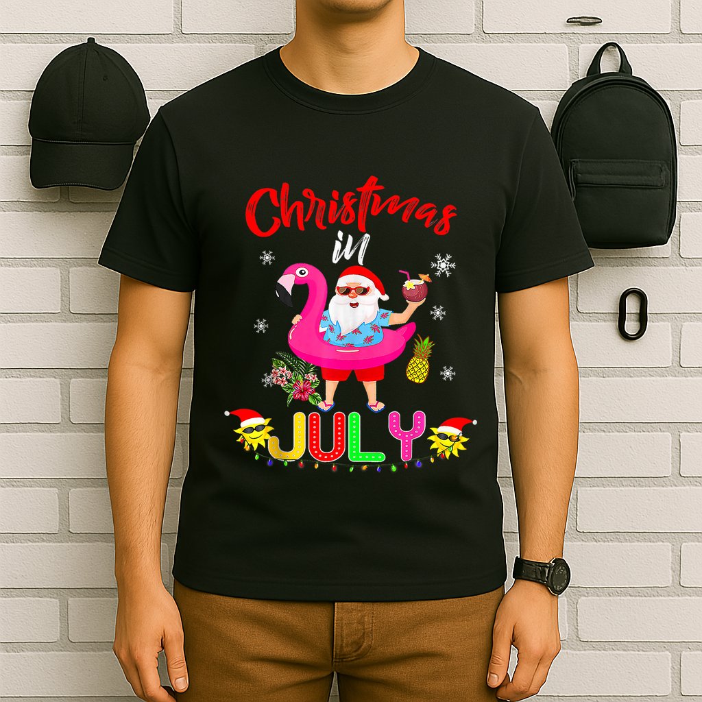 Christmas In July Santa Hawaiian Flamingo Summer Beach T-Shirt