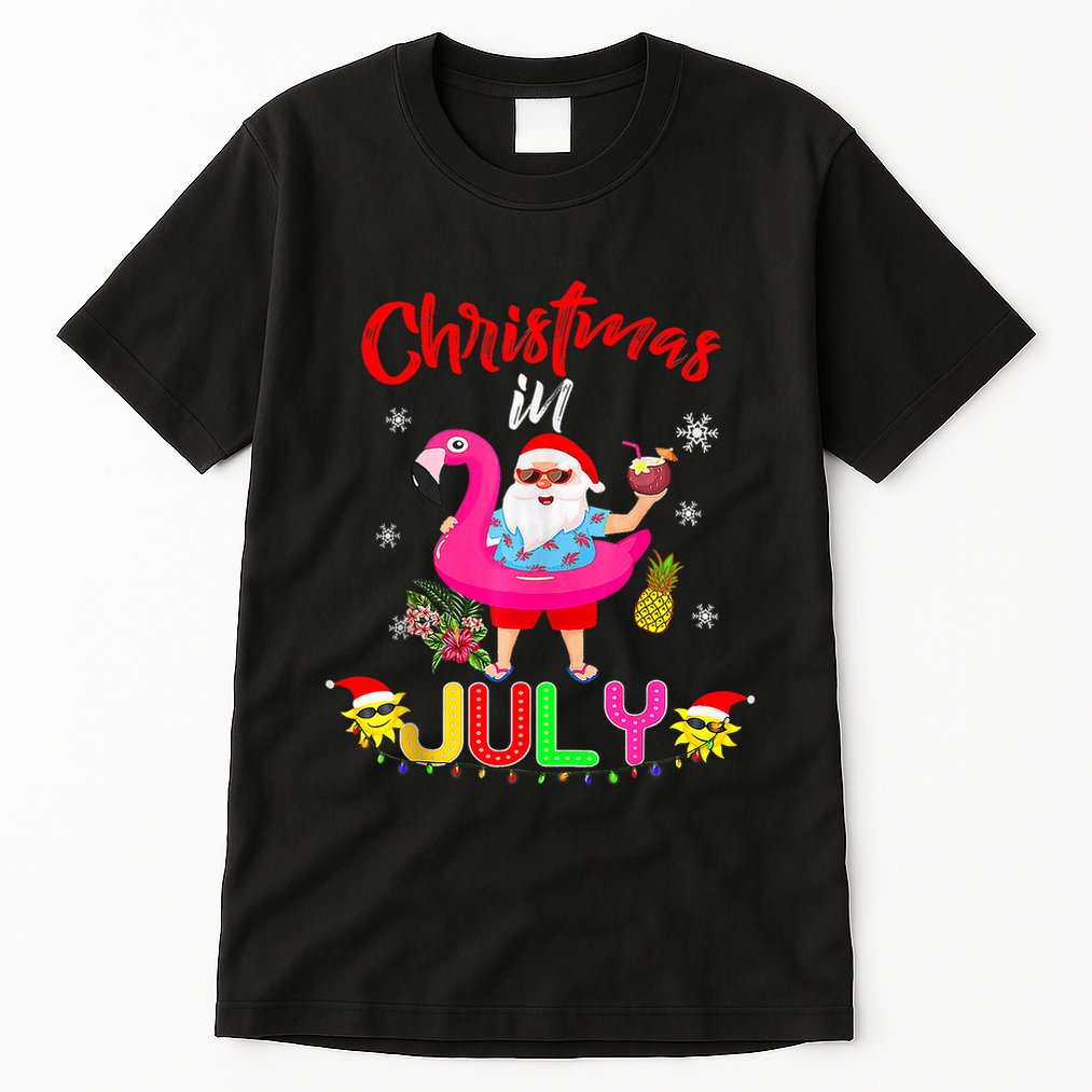 Christmas In July Santa Hawaiian Flamingo Summer Beach Tall T-Shirt