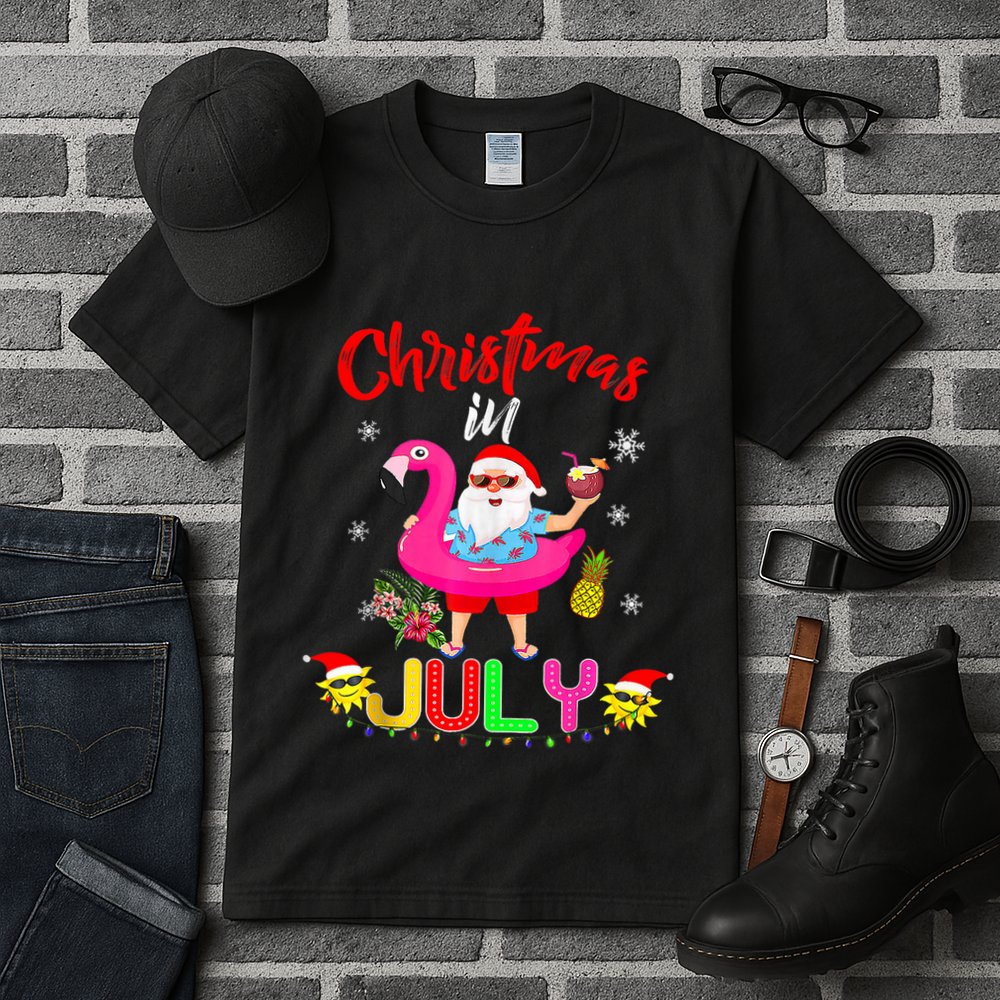Christmas In July Santa Hawaiian Flamingo Summer Beach Tall T-Shirt