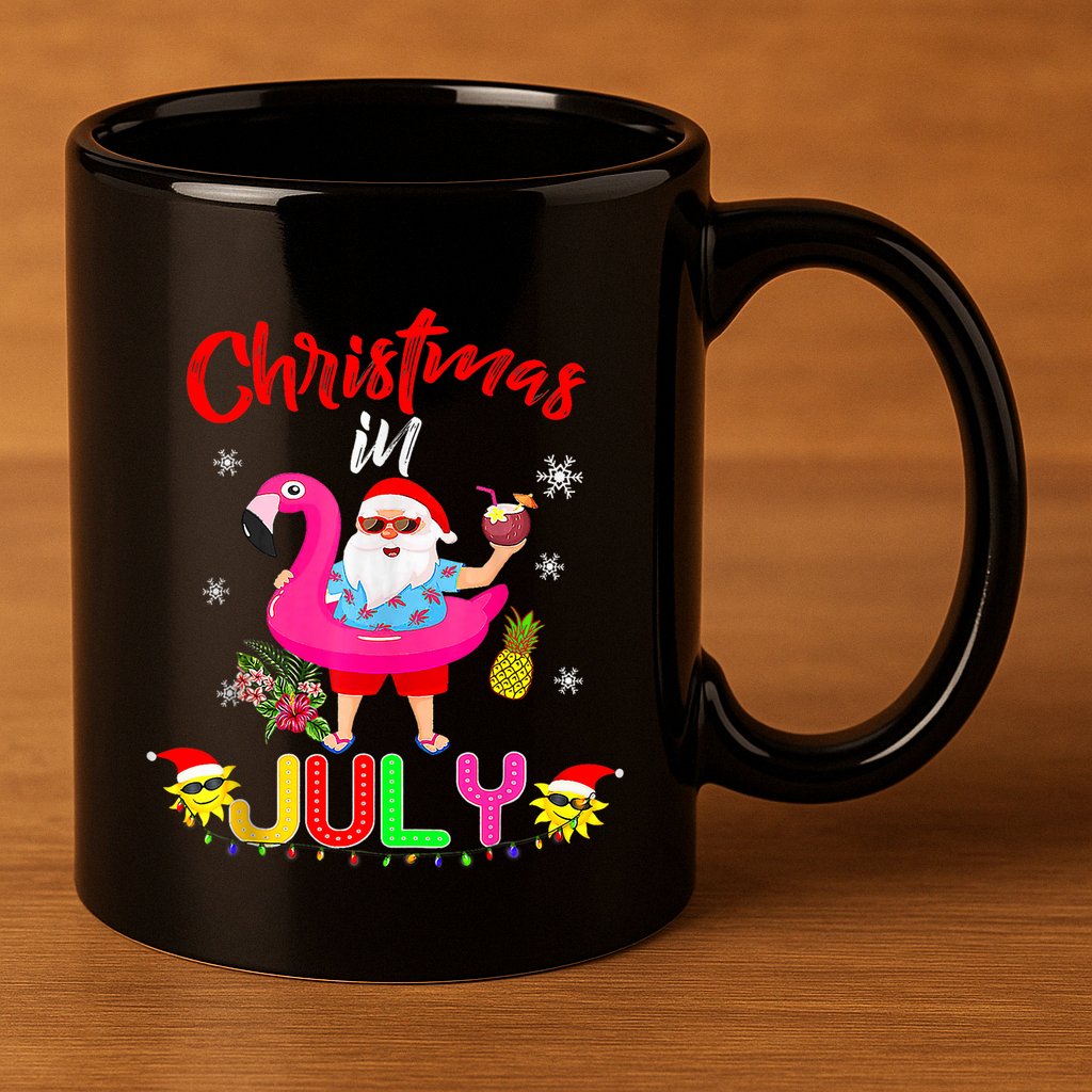 Christmas In July Santa Hawaiian Flamingo Summer Beach 11oz C Handle Ceramic Mug