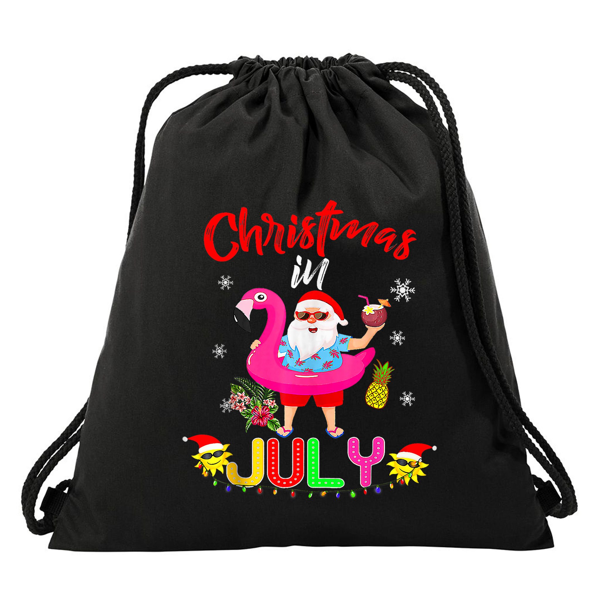 Christmas In July Santa Hawaiian Flamingo Summer Beach Drawstring Bag