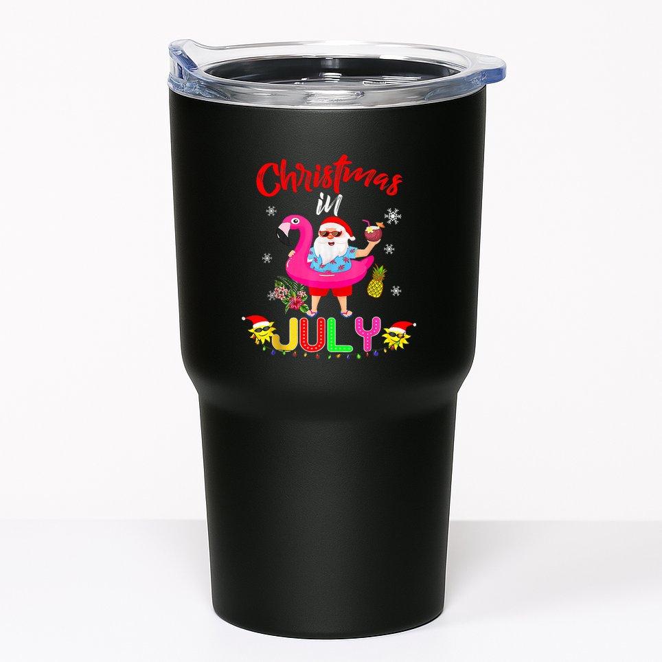 Christmas In July Santa Hawaiian Flamingo Summer Beach Tumbler