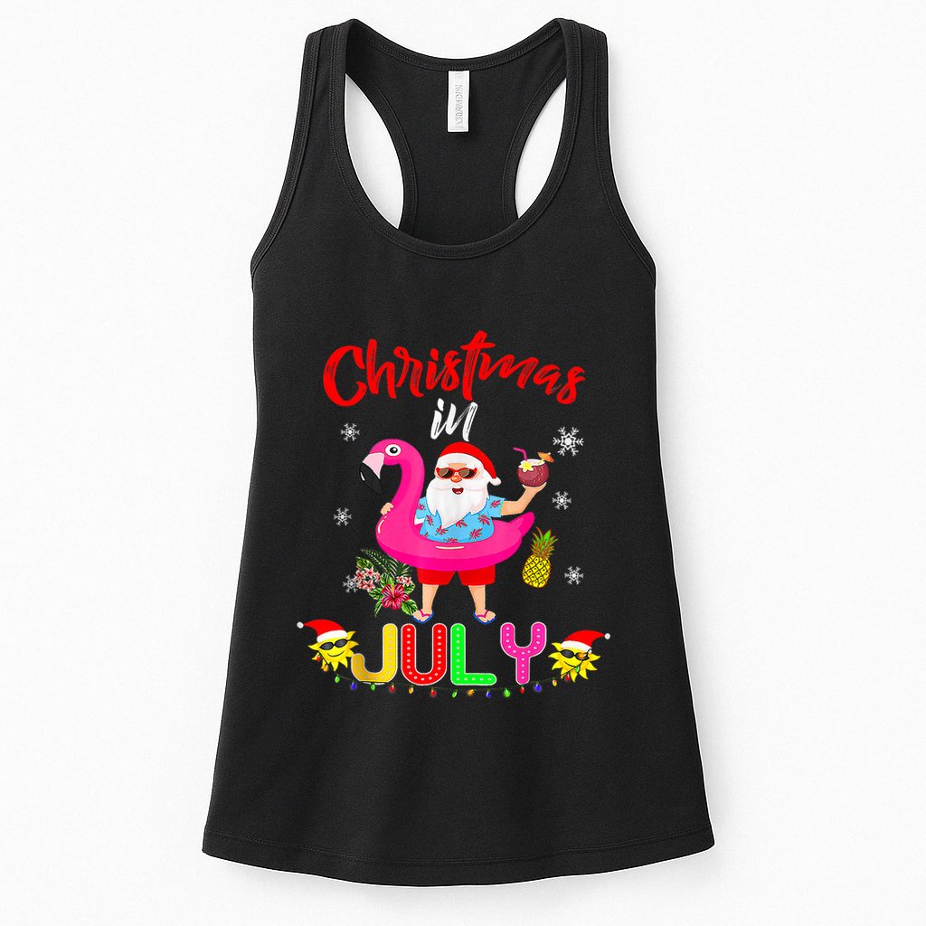 Christmas In July Santa Hawaiian Flamingo Summer Beach Womens Tank Top
