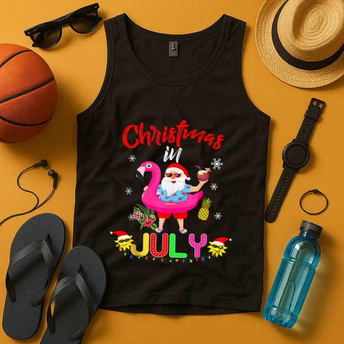 Christmas In July Santa Hawaiian Flamingo Summer Beach Tank Top